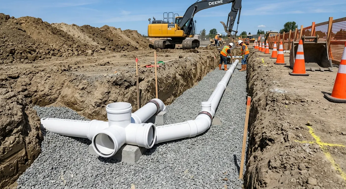 New PVC sewer pipe installation in open trench for Sewer Backup in Healdsburg