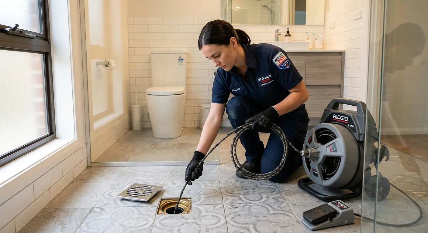 Technician clearing a bathroom floor drain for Hydro Jetting in Healdsburg
